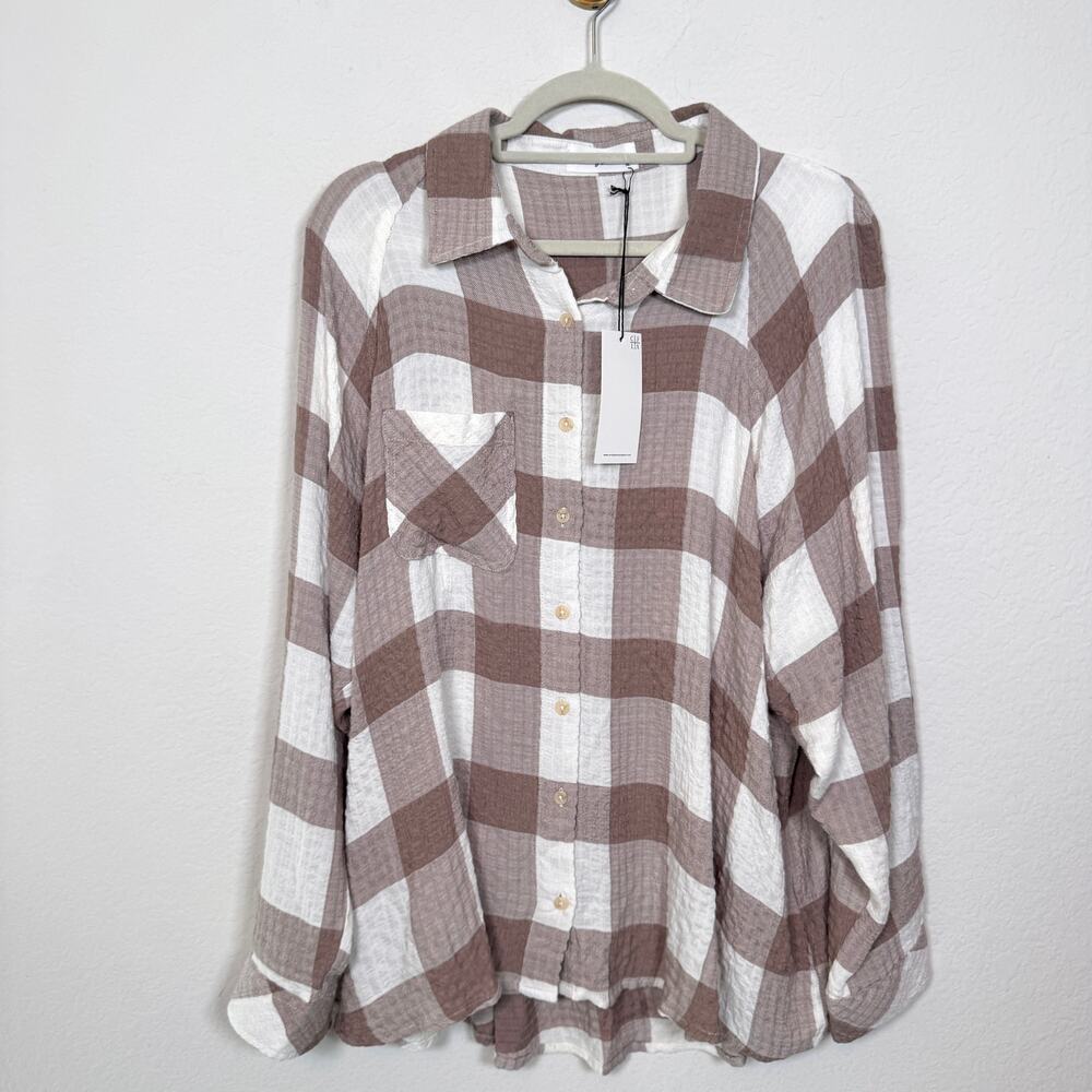 Carly Jean LA Womens Button Shirt Top Size XL Guazy Flowy Check Ivory Taupe